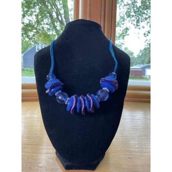 Blue Beaded Necklace With Purple Beads & Adjustable Clasp - Picture 1 of 4
